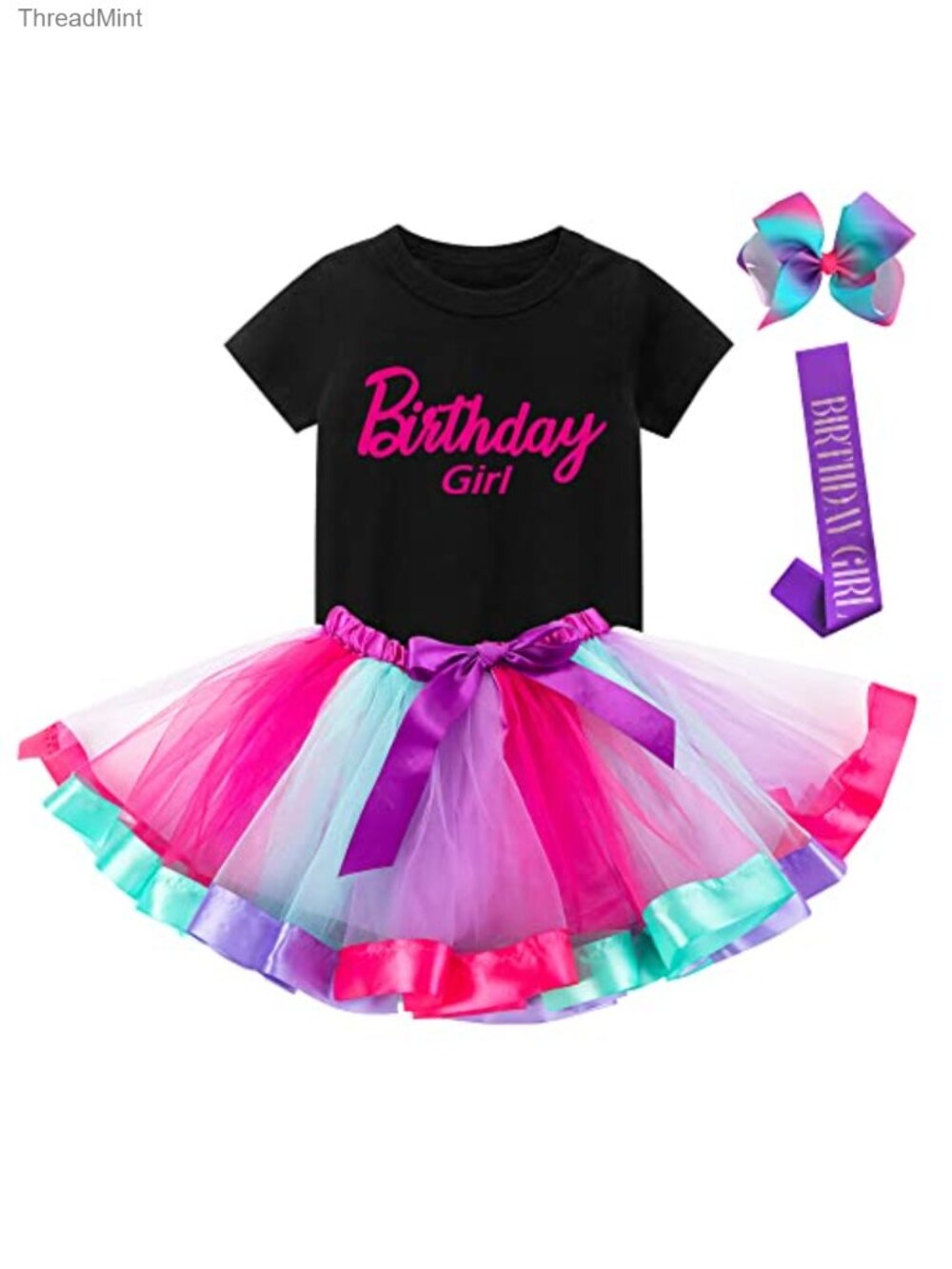 Birthday Girl Tutu Skirt Set Modal Shirt Hair Bow Sash Kids Outfit